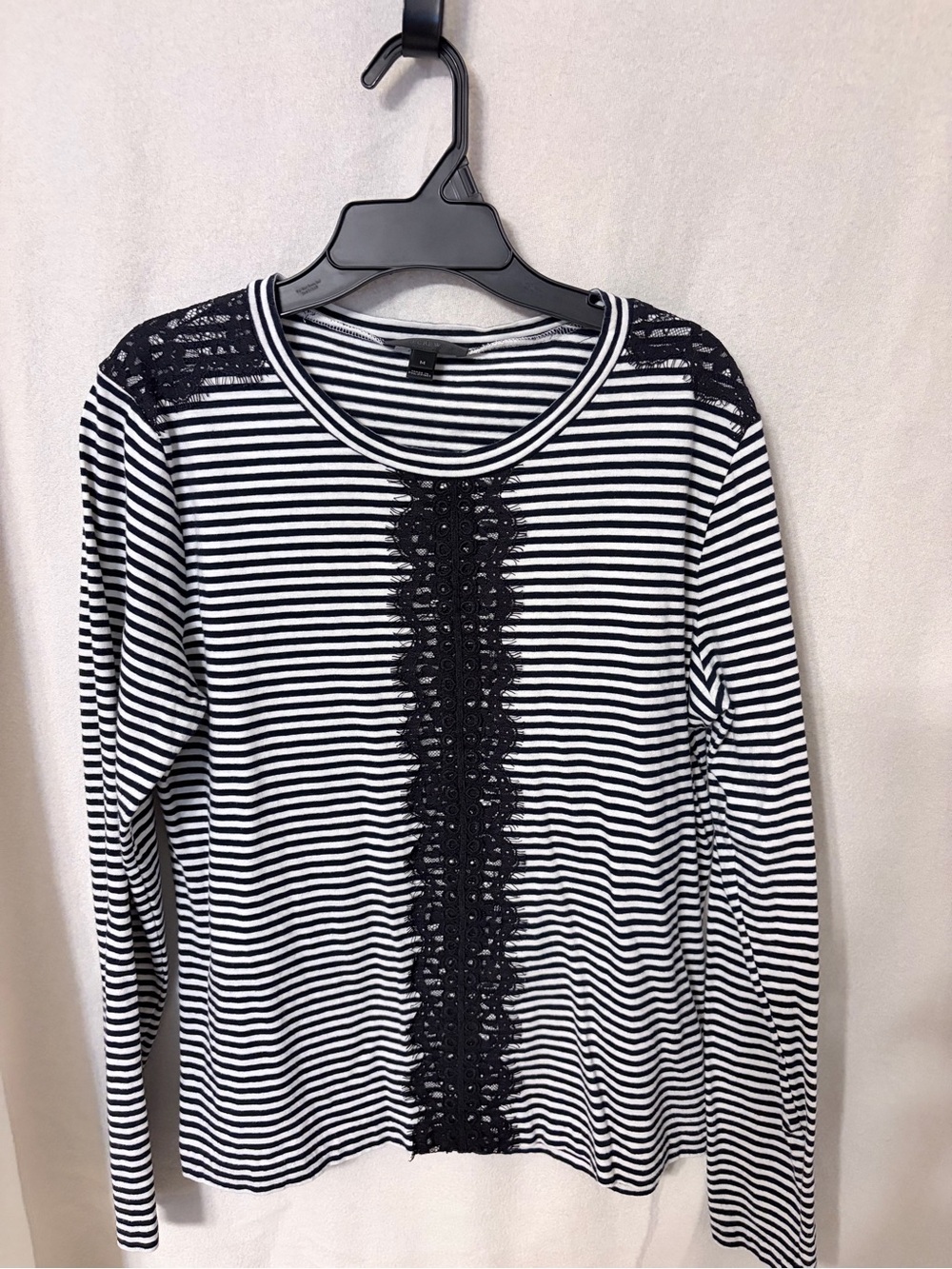 J. Crew Black & White Striped Long Sleeve Top with Lace Trim